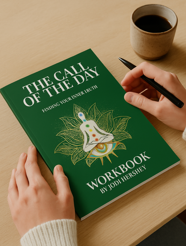 Green workbook titled 'The Call of the Day' on a wooden table with a cup of coffee.